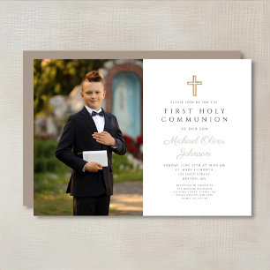 Invitation Elegant Taupe Cross Photo Boy First Communion