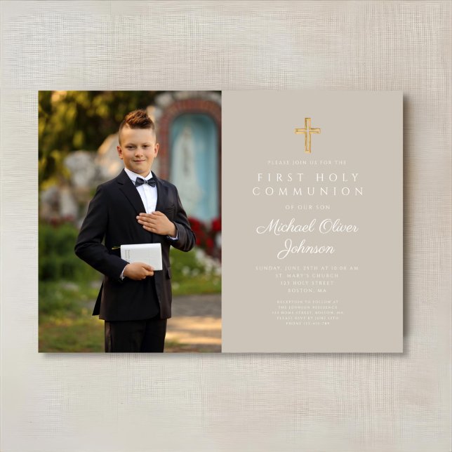 Invitation Elegant Taupe Cross Photo Boy First Communion (Elegant Taupe Cross Photo Boy First Communion Invitation)