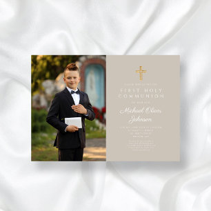 Invitation Elegant Taupe Cross Photo Boy First Communion