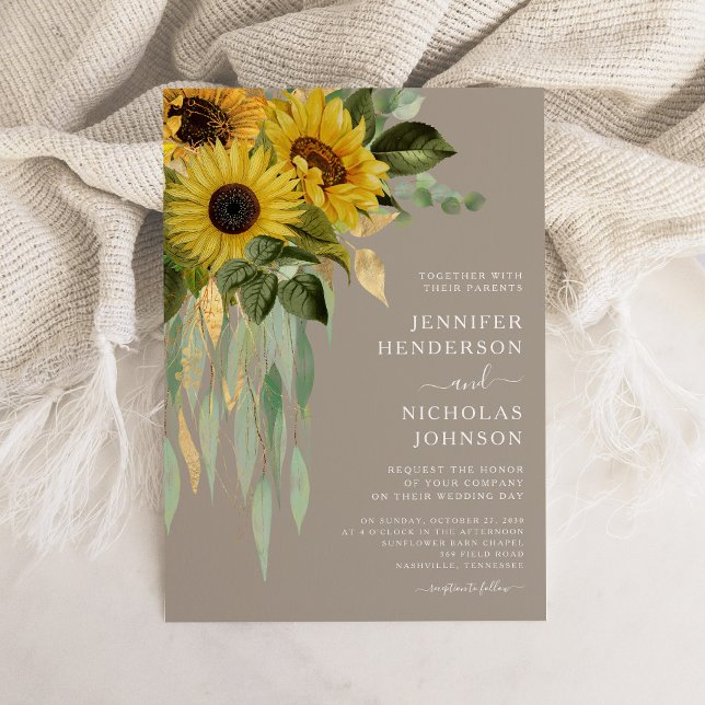 Invitation Élégant Taupe Floral Mariage (Elegant Floral Sunflowers Eucalyptus Wedding Invitation)