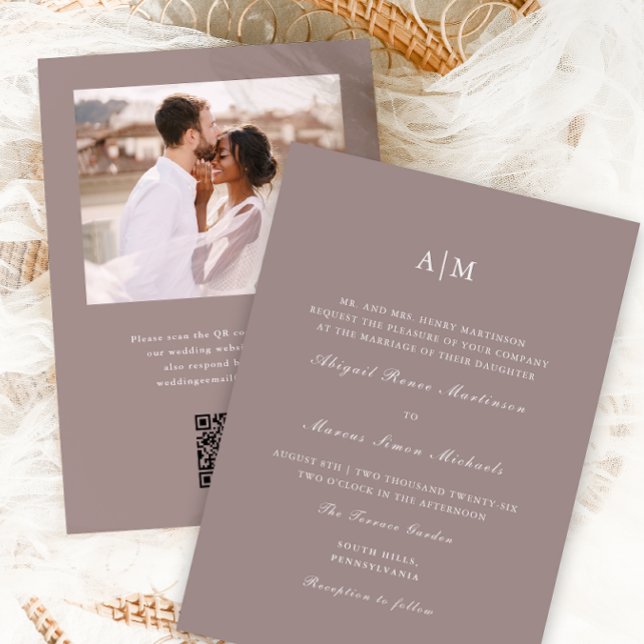 Invitation Élégant Taupe Monogramme QR Rsvp Mariage photo (Créateur téléchargé)