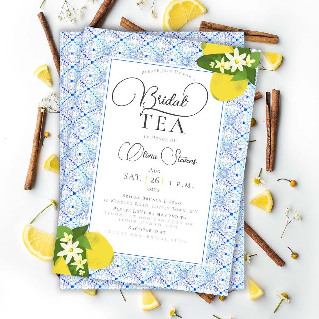 Invitation Elégant Tea Party Lemons Carreaux Bleus Douche (Créateur téléchargé)