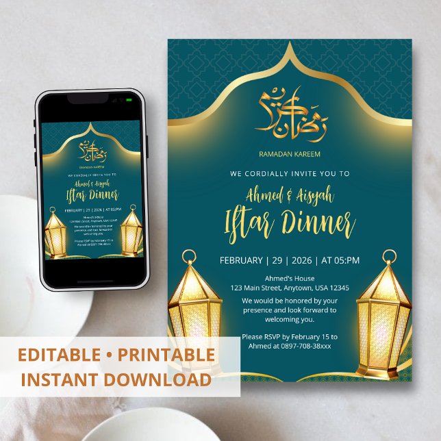 Invitation Elegant Teal and Gold Islamic Iftar Dinner (Créateur téléchargé)