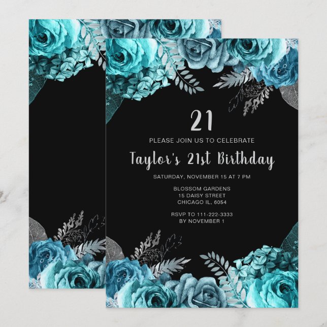 Invitation Elegant Teal Blue and Silver Flower Birthday Party (Devant / Derrière)