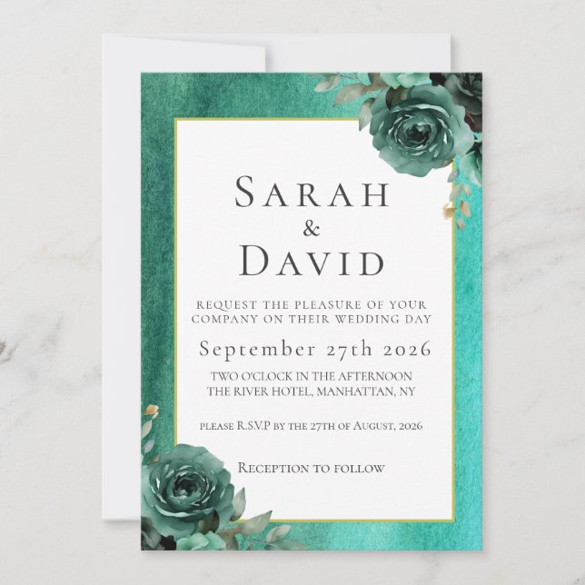 Invitation Elegant Teal Green Watercolor Floral Wedding (Devant)