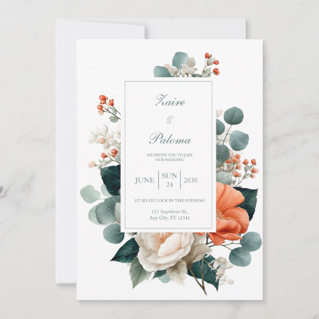 Invitation Elegant Terracotta Orange Eucalyptus Floral (Devant)