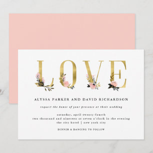 Invitation Élégant texte or floral   Mariage d'amour