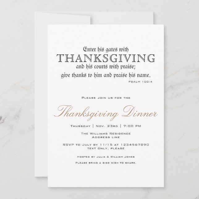Invitation Élégant Thanksgiving Diner Party Psaume 100:4 (Devant)