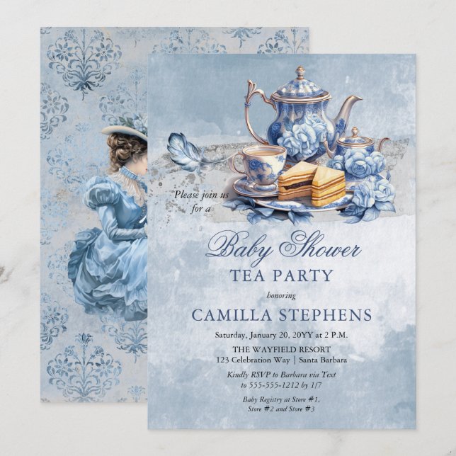 Invitation Elégant thé à Baby shower bleu Floral Set thé (Devant / Derrière)