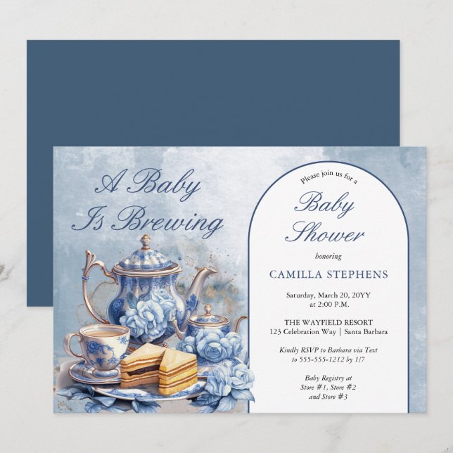 Invitation Elégant thé à Baby shower bleu Floral Set thé (Devant / Derrière)