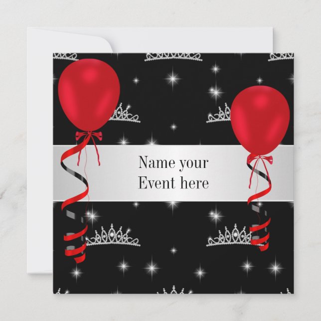 Invitation Élégant Tiara Black Red Balloons Événement spécial (Devant)