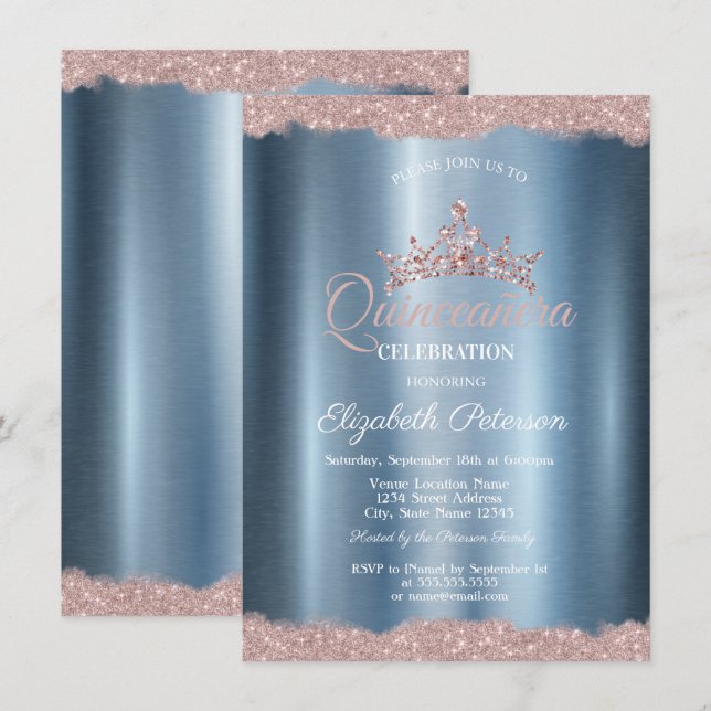 Invitation Elégant Tiara Blue Metallic Quinceañera (Devant / Derrière)