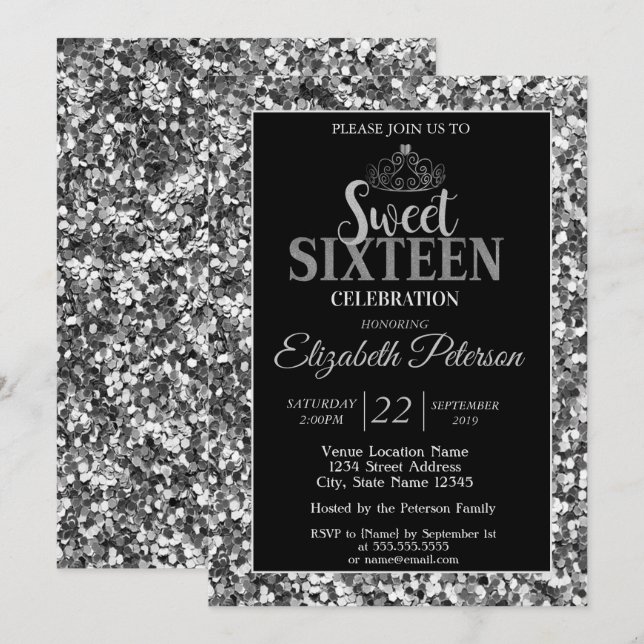 Invitation Élégant Tiara, Silver Sequins Sweet 16 Part (Devant / Derrière)