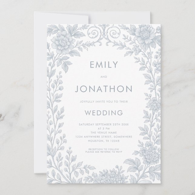 Invitation Elégant Toile Bleue De Jouy Bordure Code QR Mariag (Devant)
