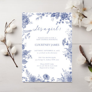 Invitation Elégant Toile Français Bleu toile c'est une fille 