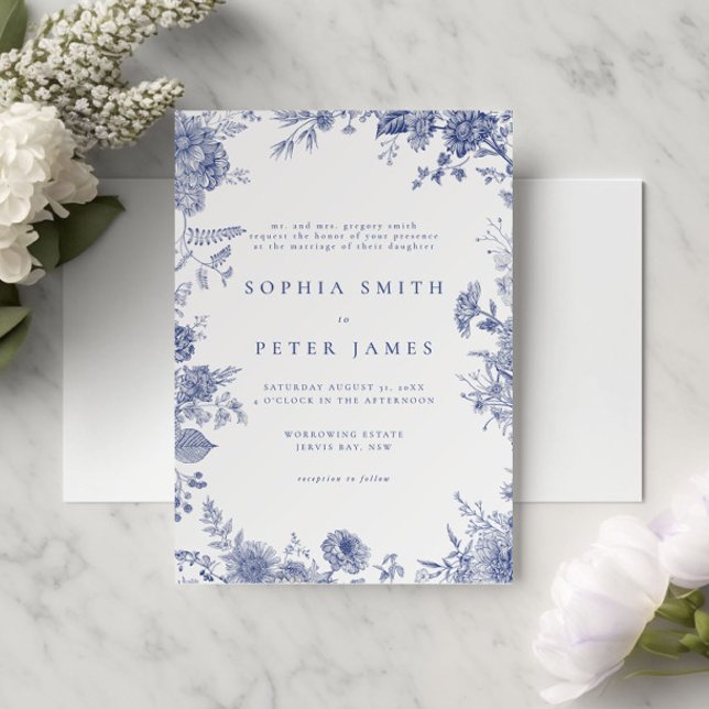 Invitation Elégant Toile Français Jardin Bleu Floral (Créateur téléchargé)