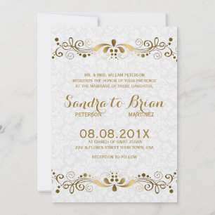 Invitation Elégant Tons Or Dentelle Florale Avec Damas Blanch