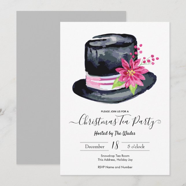 Invitation Élégant Top Hat et Poinsettia Christmas Tea Party (Devant / Derrière)
