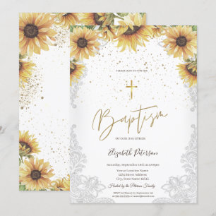 Invitation Elégant Tournesol Croix Or Blanc dentelle Baptême