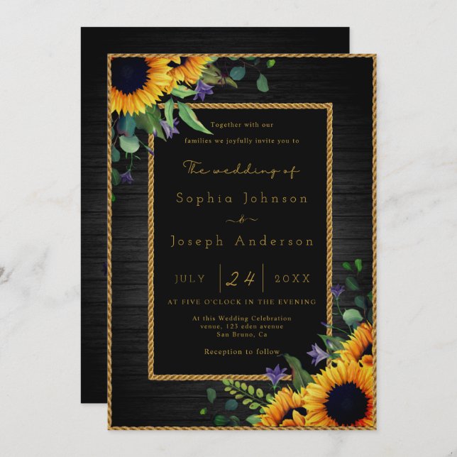 Invitation Elégant tournesol doré et Mariage en bois rustique (Devant / Derrière)