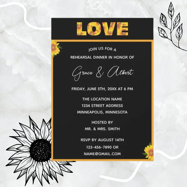 Invitation Élégant tournesol noir arrière-plan amour répétiti (Créateur téléchargé)