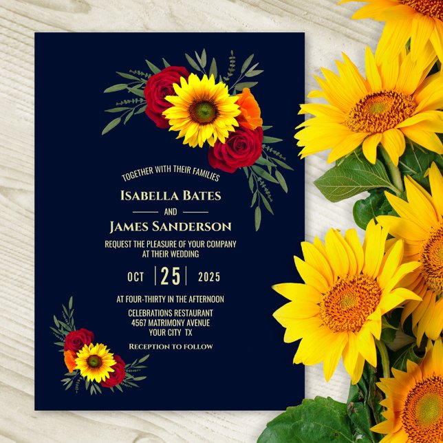 Invitation Elégant tournesol rouge Rose Marine Mariage bleu (Créateur téléchargé)