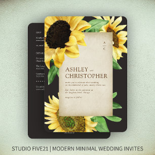 Invitation Élégant tournesol rustique noir Mariage tout-en-un
