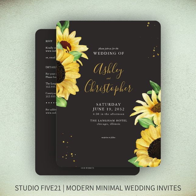 Invitation Élégant tournesol rustique noir Mariage tout-en-un (Créateur téléchargé)
