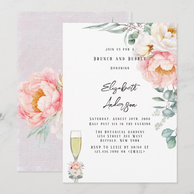 Invitation Elégant tourteau rose Eucalyptus Brunch et Bubbly (Devant / Derrière)