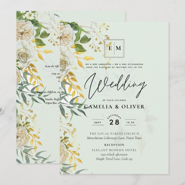 Invitation Elégant tout-en-1 blanc Roses Mariage botanique In (Devant / Derrière)