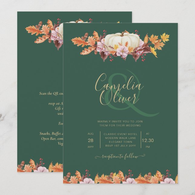 Invitation ÉLÉGANT tout-en-1 Citrouille d'automne Mariage d'o (Devant / Derrière)