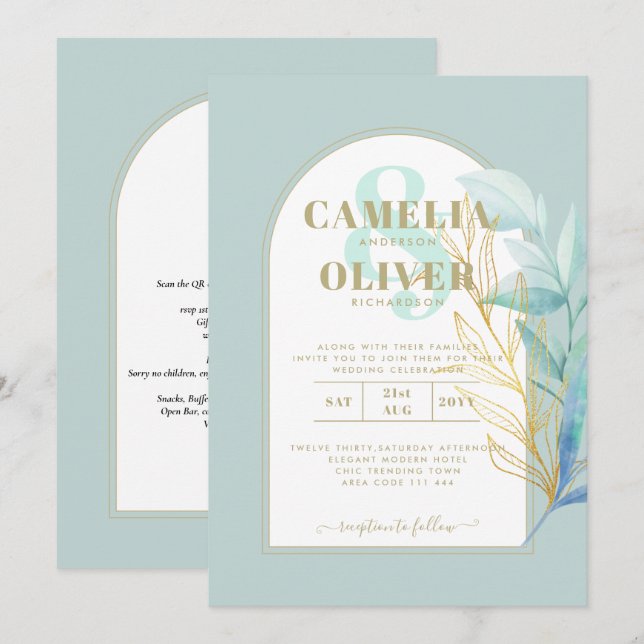 Invitation ELEGANT tout-en-1 Mariage d'armature en laiton dor (Devant / Derrière)