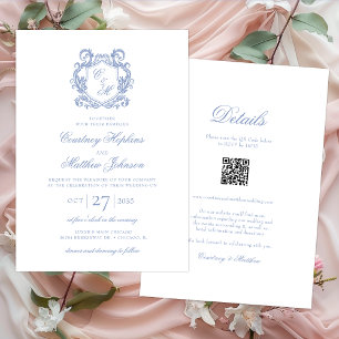 Invitation Élégant tout-en-un avec monogramme et blason bleu