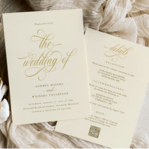 Invitation Élégant tout en un Mariage crème Mariage or