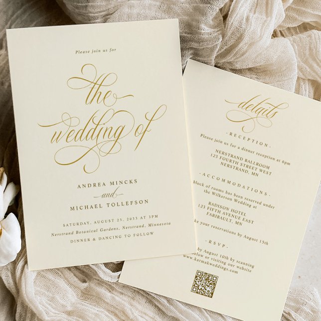 Invitation Élégant tout en un Mariage crème Mariage or (Elegant Cream and Gold Calligraphy Wedding Invitations - Luxury Glam Swirly Gold Calligraphy)