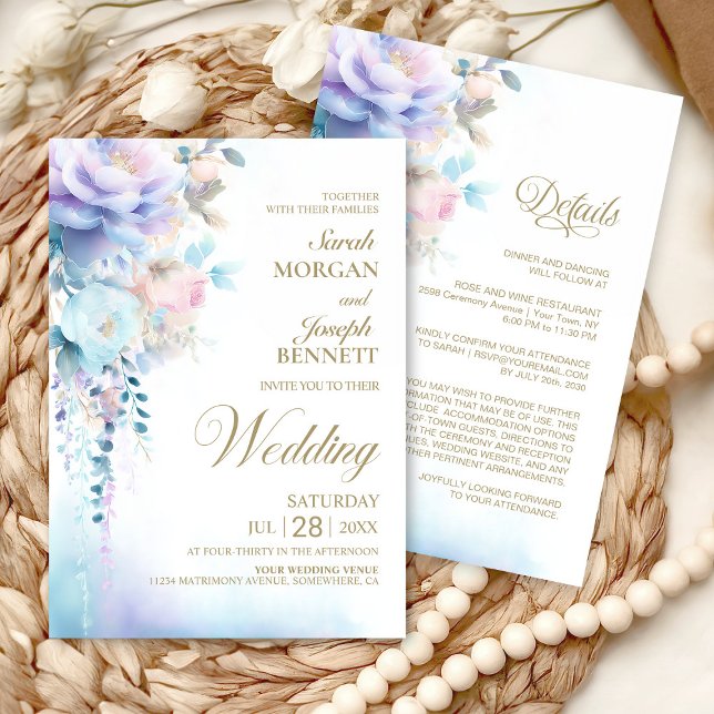 Invitation Élégant tout en un Mariage floral bleu (Créateur téléchargé)