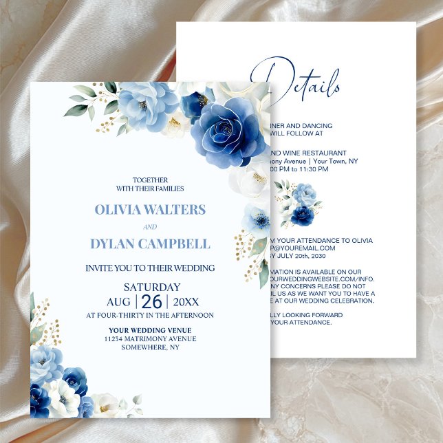 Invitation Élégant tout en un Mariage floral bleu (Créateur téléchargé)