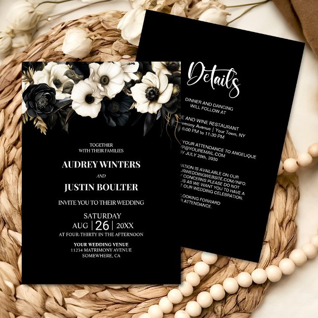 Invitation Élégant tout en un Mariage floral noir et blanc (Créateur téléchargé)