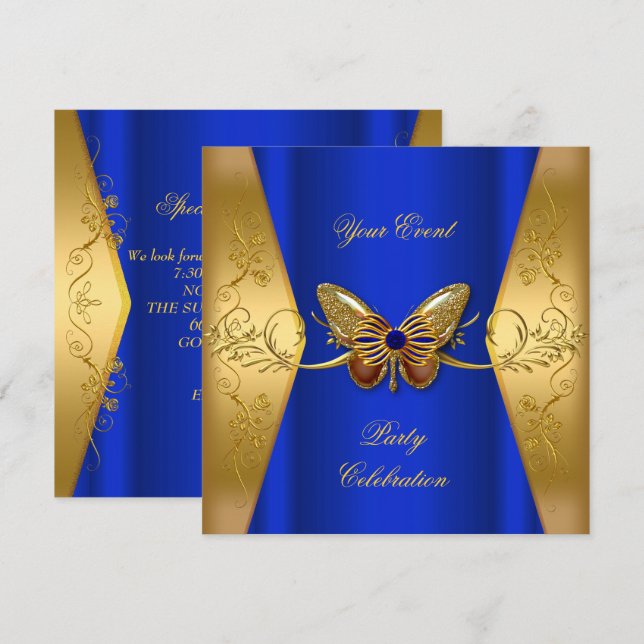 Invitation Élégant Tout Événement Partie Royal Blue Gold Butt (Devant / Derrière)