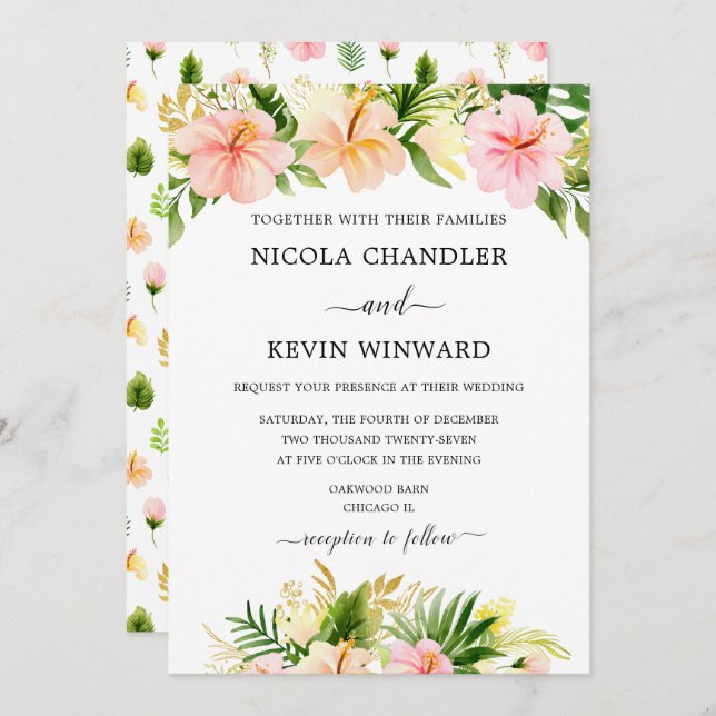 Invitation Elegant Tropical Floral Wedding (Devant / Derrière)