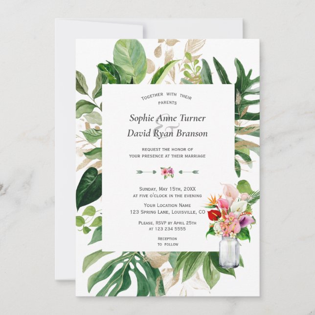Invitation Elégant Tropical Garden Flowers Mariage Or (Devant)