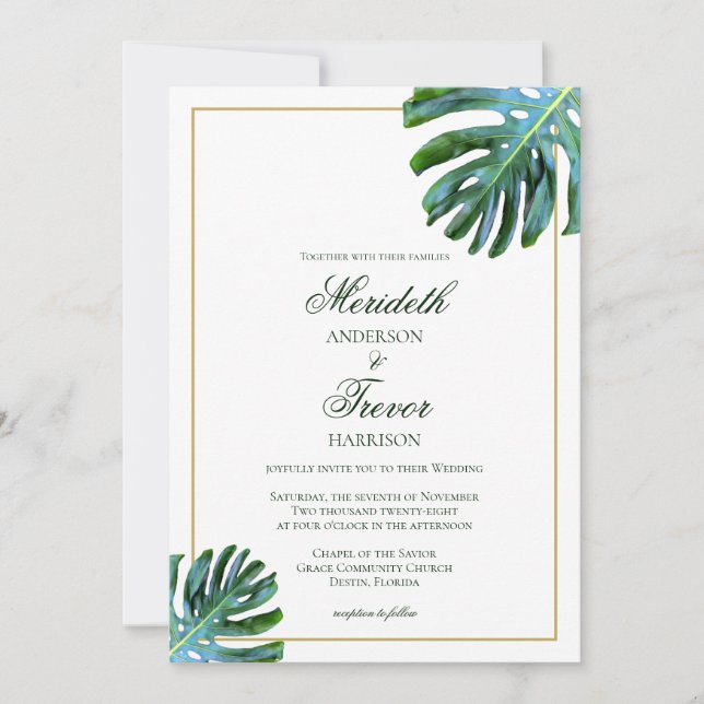 Invitation Elégant Tropical Monstera Leaf Photo Plage Mariage (Devant)