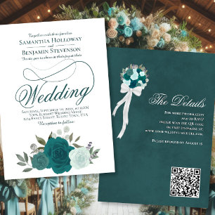 Invitation Elégant Turquoise & Aqua Roses Floral QR Code Mari