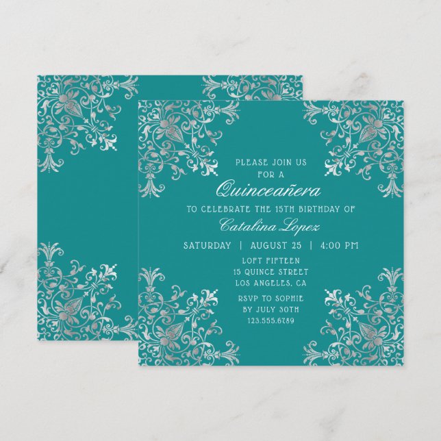 Invitation Elégant Turquoise Argent Orné Floral Quinceañera (Devant / Derrière)