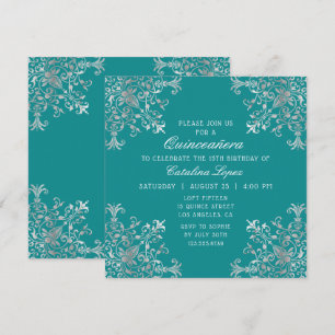 Invitation Elégant Turquoise Argent Orné Floral Quinceañera