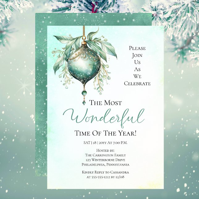 Invitation Elégant Turquoise Bauble Plus Merveilleux Temps An (Elegant Teal Bauble "The Most Wonderful Time Of The Year" Christmas Holiday Party Invitation)