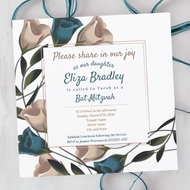 Invitation Elégant Turquoise, Beige Rose Bat mitzvah Invitati (Teal roses, leafy green vines botanical garden bat mitzvah invitations, foliage, calligraphy )