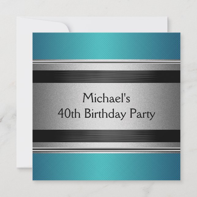 Invitation Elégant Turquoise Black & Silver Metal 40e anniver (Devant)
