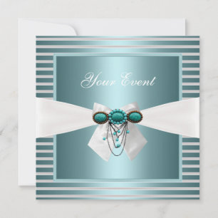 Invitation Elégant Turquoise Bleu Bleu Bleu Bijou Bow Blanc