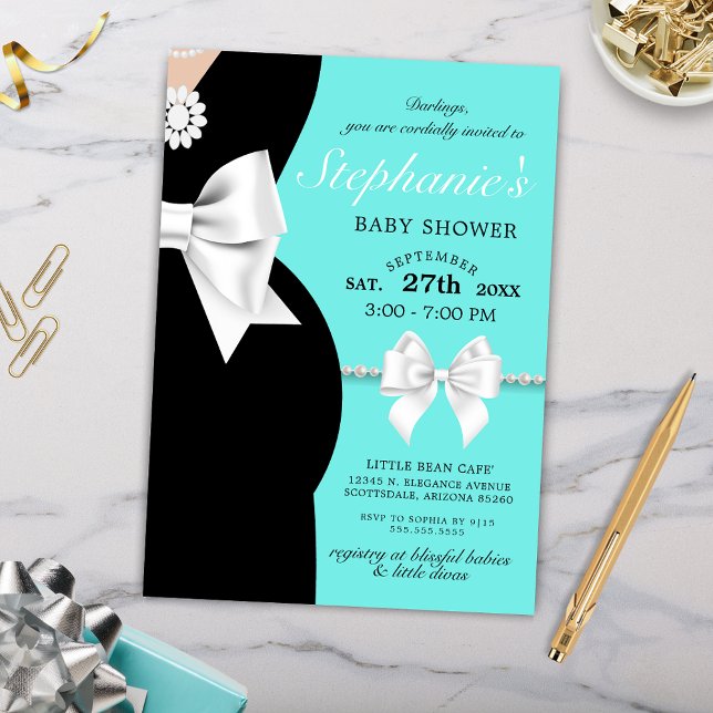 Invitation Elégant Turquoise Blue Glam Tiffany Baby shower à  (Elegant Little Black Dress Bows and Pearls Baby Shower Invitation with Tiffany Theme)